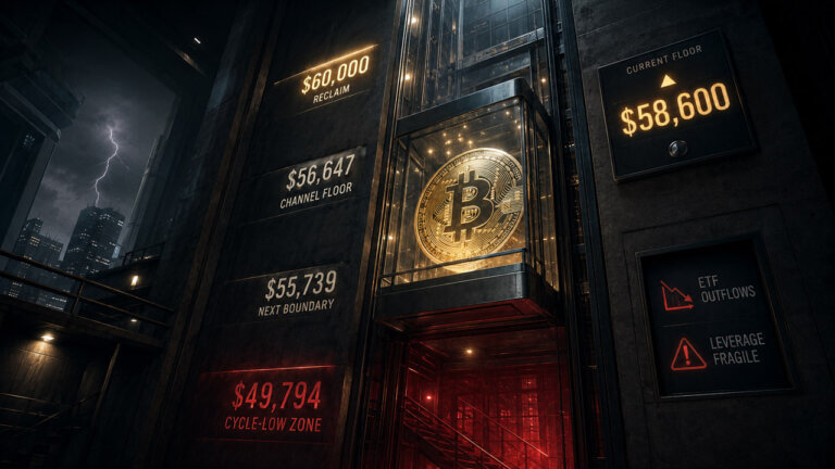 Bitcoin price elevator showing key support levels from $60K to $49,794 as BTC falls toward the cycle-low thesis.