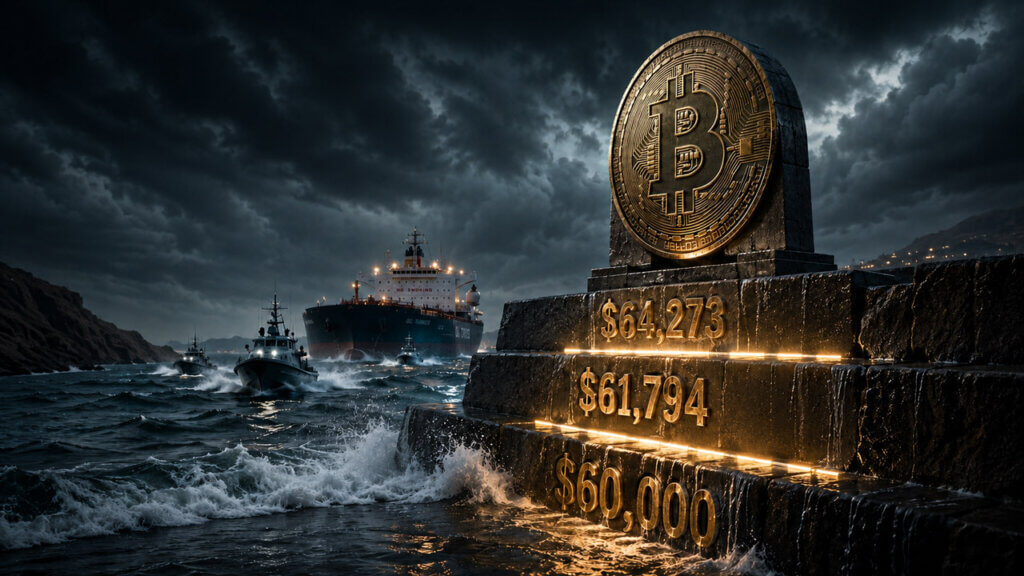 Giant Bitcoin monument above illuminated price levels of $64,273, $61,794, and $60,000 as tankers and patrol boats cross stormy seas.