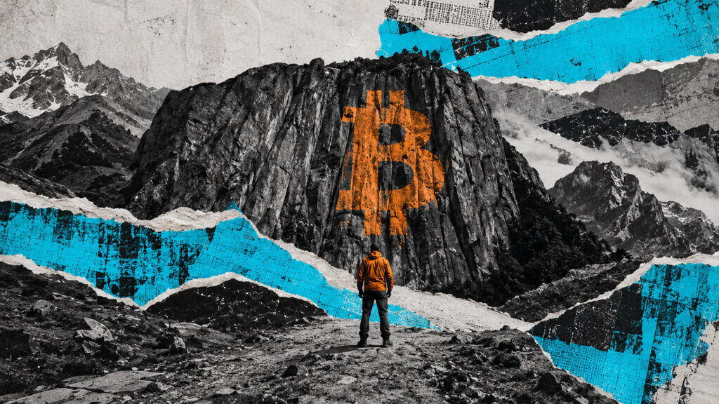 a lone trader in an orange jacket facing a towering black mountain marked with a large orange Bitcoin symbol, framed by torn cyan paper and rugged grayscale peaks.