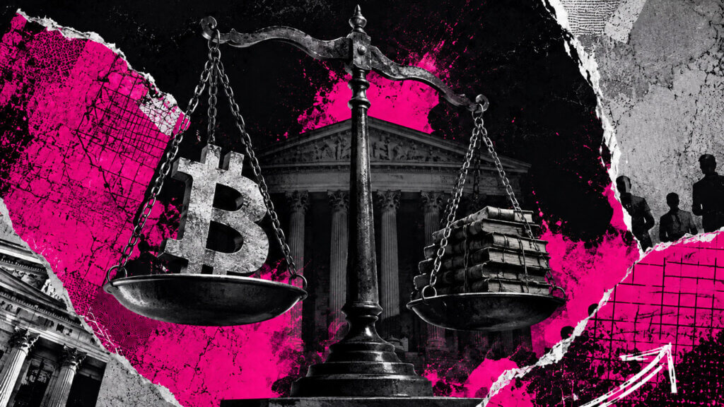 Punk-style editorial collage of justice scales balancing a large Bitcoin symbol against stacked law books, framed by a courthouse, torn paper, and bright acid-magenta textures.