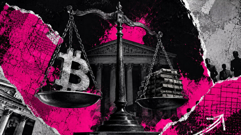 Punk-style editorial collage of justice scales balancing a large Bitcoin symbol against stacked law books, framed by a courthouse, torn paper, and bright acid-magenta textures.