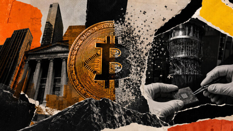 Gritty collage of a cracked Bitcoin symbol defended by a metal shield as a suspended quantum computer threatens it from above, with institutional architecture in the background.