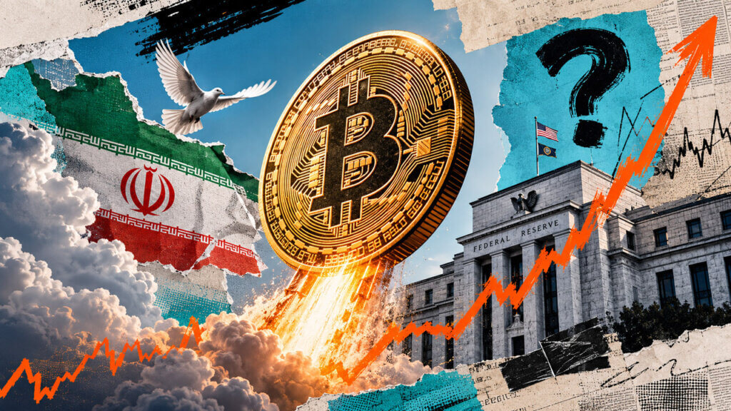 Large Bitcoin coin rising through clouds beside a white dove, torn Iranian flag imagery, the Federal Reserve building, an orange upward chart, and a question mark suggesting policy uncertainty.