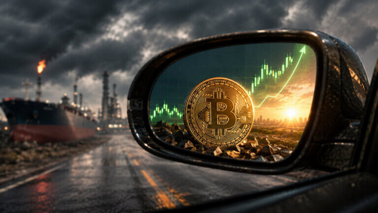 Car side mirror reflecting a gold Bitcoin coin and rising green chart while a stormy oil facility and tanker appear outside the mirror.