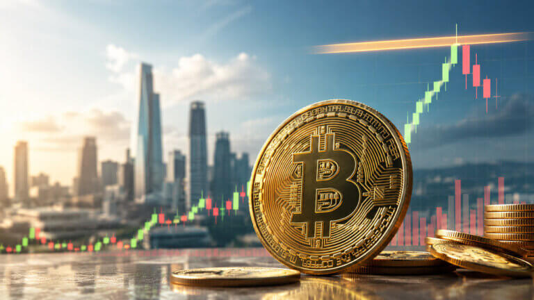 Large gold Bitcoin coin beside a rising candlestick chart that reverses below a glowing resistance level, with a city skyline in the background.