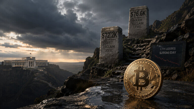 Bitcoin coin below stone markers for $72.2K and $76.6K reclaim levels, with LTH losses of $280M per day shown beside a stormy Fed backdrop.