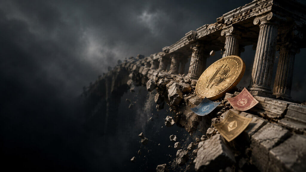 Bitcoin, bonds, and risk-asset tokens slide from a collapsing bridge of classical Treasury-style columns into a dark void.
