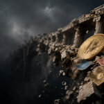 Bitcoin, bonds, and risk-asset tokens slide from a collapsing bridge of classical Treasury-style columns into a dark void.