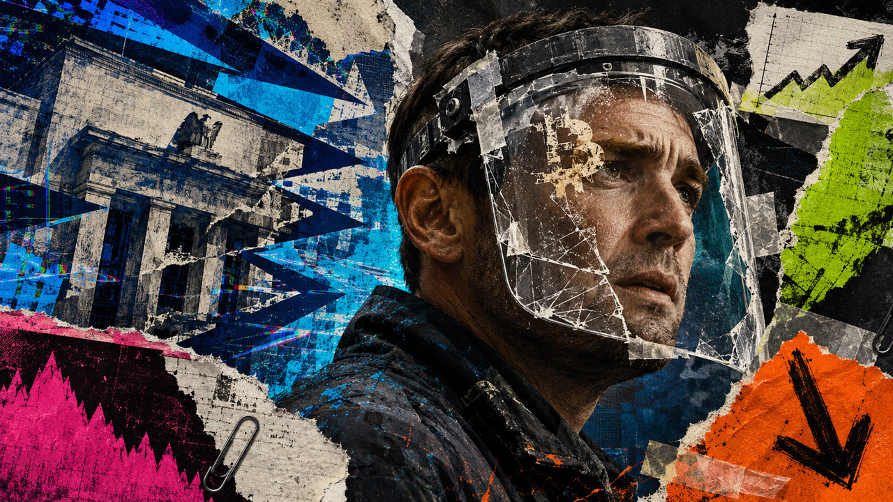 Tense Bitcoin trader wearing a cracked protective face shield stands before the Federal Reserve amid conflicting market charts and electric collage textures.