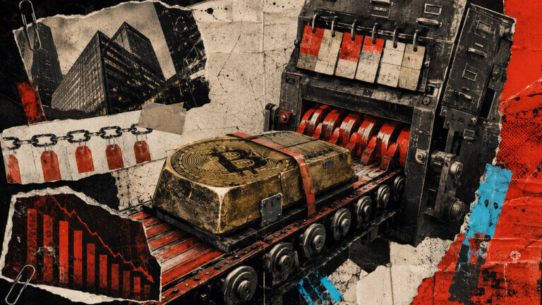 A distressed Bitcoin-shaped metal reserve travels along an industrial conveyor toward red crushing rollers, surrounded by corporate buildings, collateral tags, and a falling market chart in a punk editorial collage.