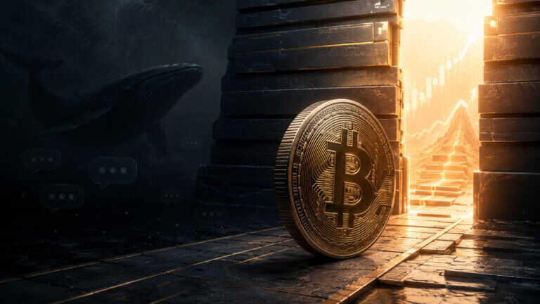 Bitcoin coin approaching a glowing market gateway and upward path, with muted chat icons and a whale silhouette in the shadows.