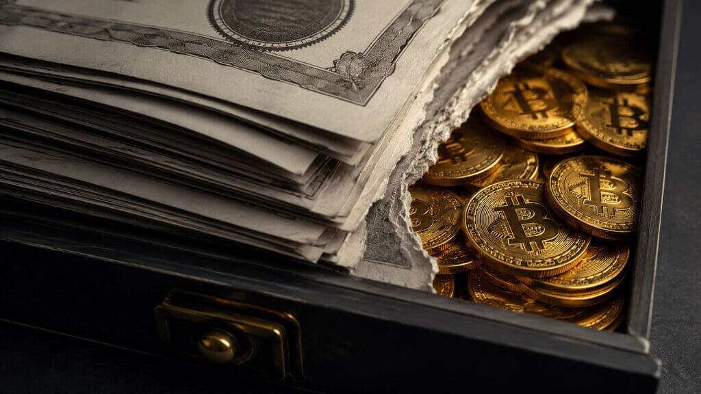 Torn share certificates reveal a hidden layer of gold Bitcoin coins inside a drawer, symbolizing stock trading below its Bitcoin holdings.