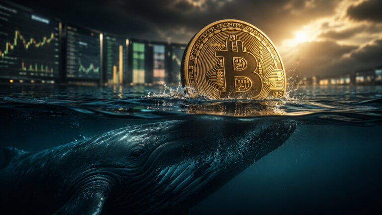 Gold Bitcoin coin breaking through a shattered glass options wall as a green price chart rises in the background.