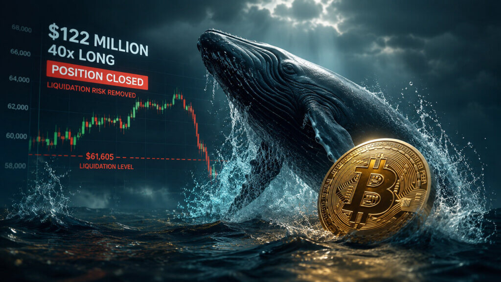 A whale rises from a stormy ocean beside a gold Bitcoin coin while a falling price chart highlights the former $61,605 liquidation level.