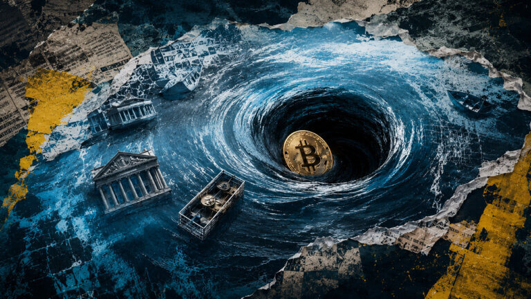 Editorial collage showing a gold Bitcoin coin being pulled into a massive ocean whirlpool, surrounded by bank buildings, trading equipment, small boats, torn newspaper textures, and blue-and-yellow market graphics.