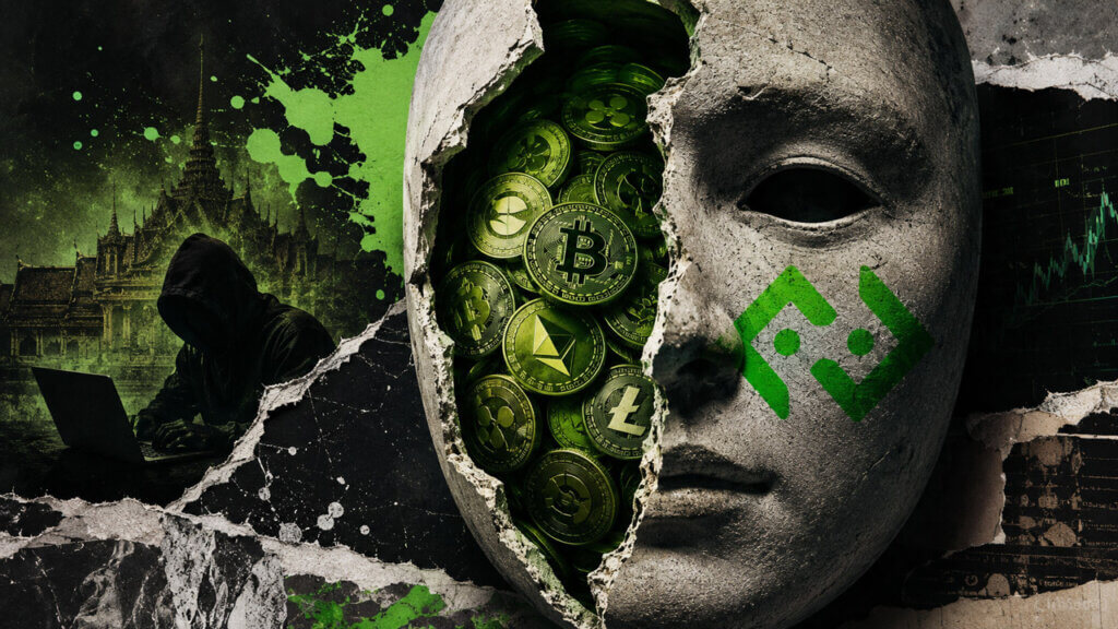 a large cracked mask marked with the Bitkub logo, exposing cryptocurrency tokens inside, with a hooded cyberattacker and Thai architecture in the background.