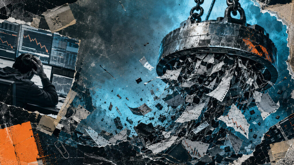 Editorial collage showing a BitMEX-branded mechanical shutter closing, surrounded by canceled order slips, affected contract tickers, and early-settlement notices.
