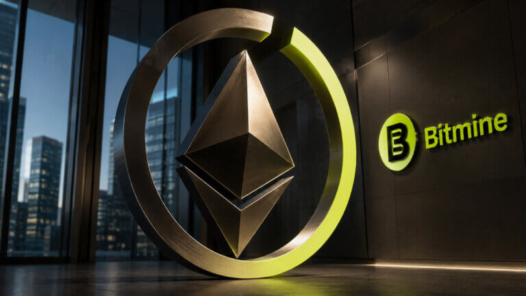 Monumental Ethereum emblem inside a nearly complete circular progress ring in a Bitmine-branded financial tower.