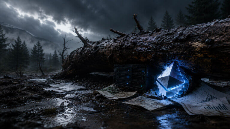 Fallen tree crushing an Ethereum symbol, validator server, and scattered financial statements in a storm-soaked forest.