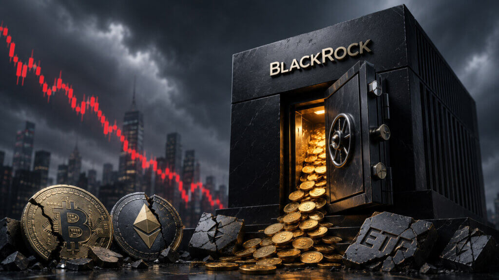BlackRock-branded vault spills gold fee coins while cracked Bitcoin, Ethereum, and ETF assets sit beneath a plunging red market chart.
