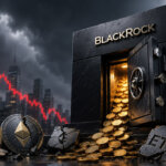 BlackRock-branded vault spills gold fee coins while cracked Bitcoin, Ethereum, and ETF assets sit beneath a plunging red market chart.
