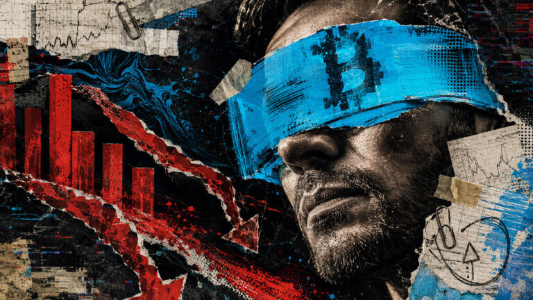 Editorial collage of a man wearing an electric-blue Bitcoin blindfold while red falling bars and torn chart fragments represent Fidelity and ARK ETF outflows.