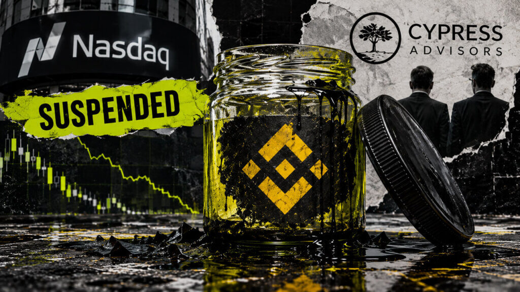 Editorial collage showing a glass jar marked with the BNB symbol leaking black liquid, with a Nasdaq sign and “SUSPENDED” notice on the left and two departing Cypress advisers on the right.