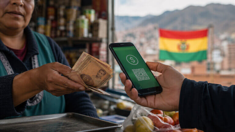 Customer uses a smartphone for a stablecoin QR payment while a Bolivian market cashier holds local banknotes beside a blurred national flag.