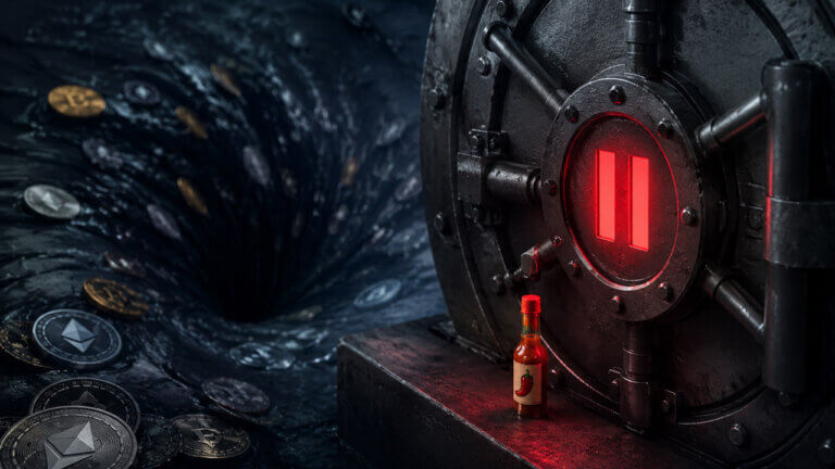 Locked vault door with a red pause symbol beside crypto tokens swirling into a dark drain, with a tiny sauce bottle representing Bonzo Lend collateral.