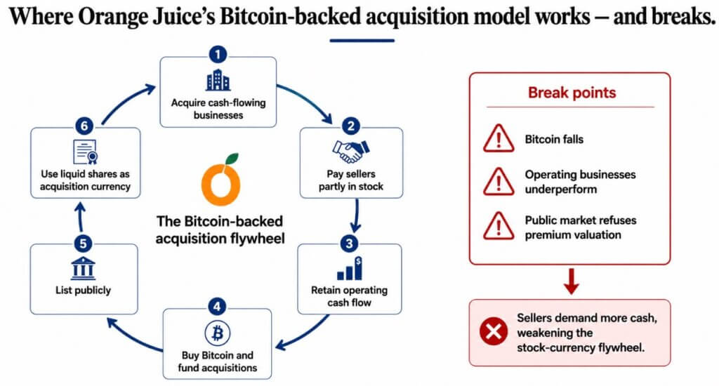 Where Orange Juice's Bitcoin-backed acquisition model works and breaks