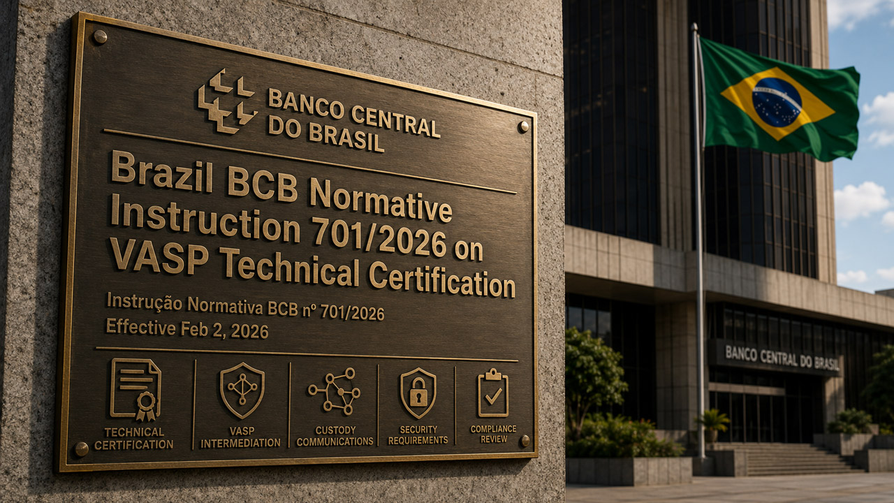 Bronze Banco Central do Brasil plaque showing Brazil BCB Normative Instruction 701/2026 on VASP Technical Certification, with effective date and icons for technical certification, VASP intermediation, custody communications, security requirements, and compliance review.