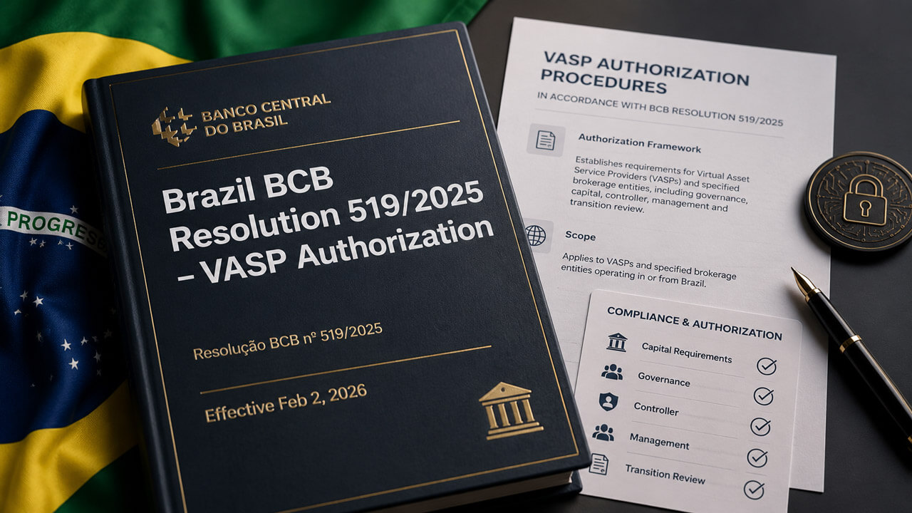 Dark regulatory desk scene with a Banco Central do Brasil dossier for Brazil BCB Resolution 519/2025 – VASP Authorization beside VASP authorization procedure documents, a pen, a Brazilian flag, and a secure digital asset token.