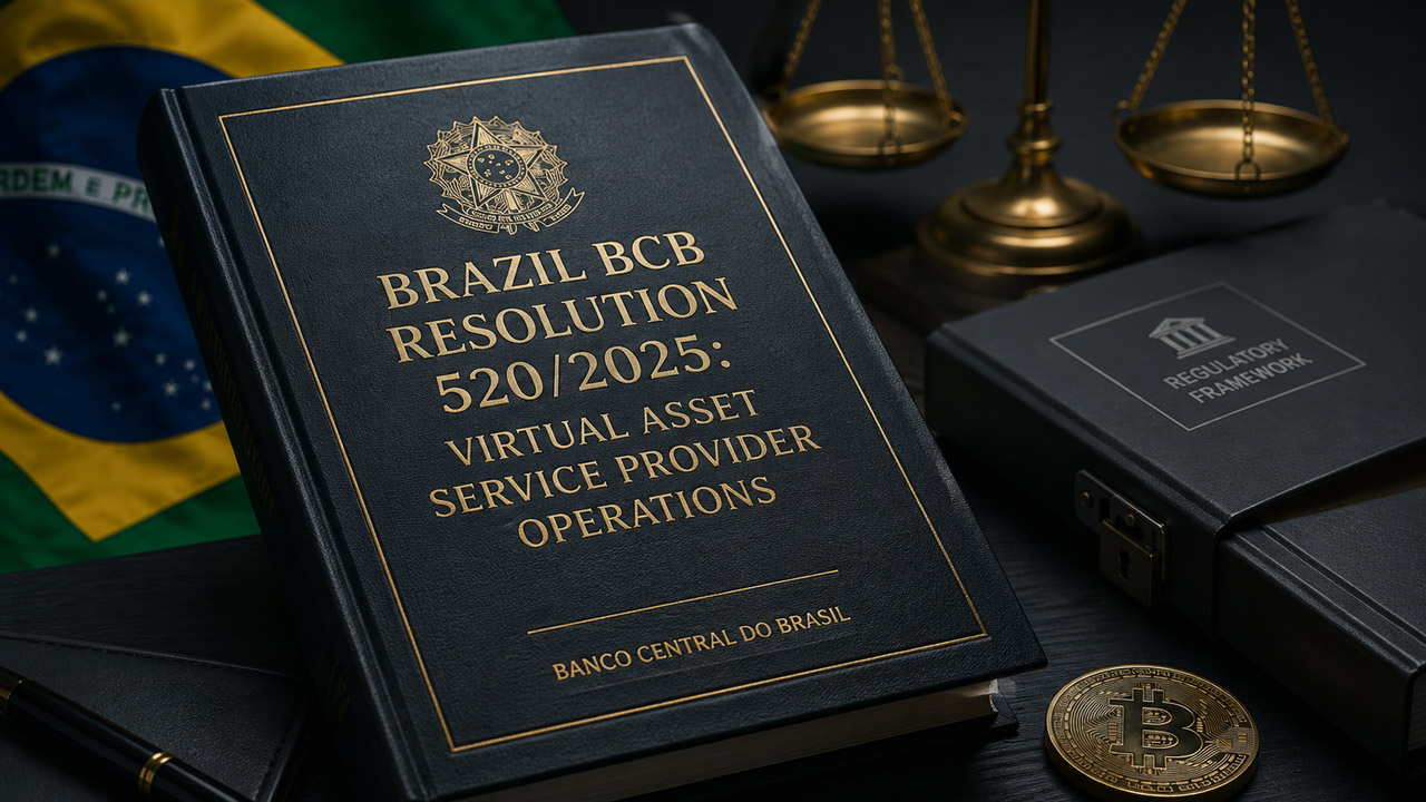 Brazil BCB Resolution 520/2025 law book with Brazilian flag, scales of justice, Bitcoin symbol, and regulatory framework file.
