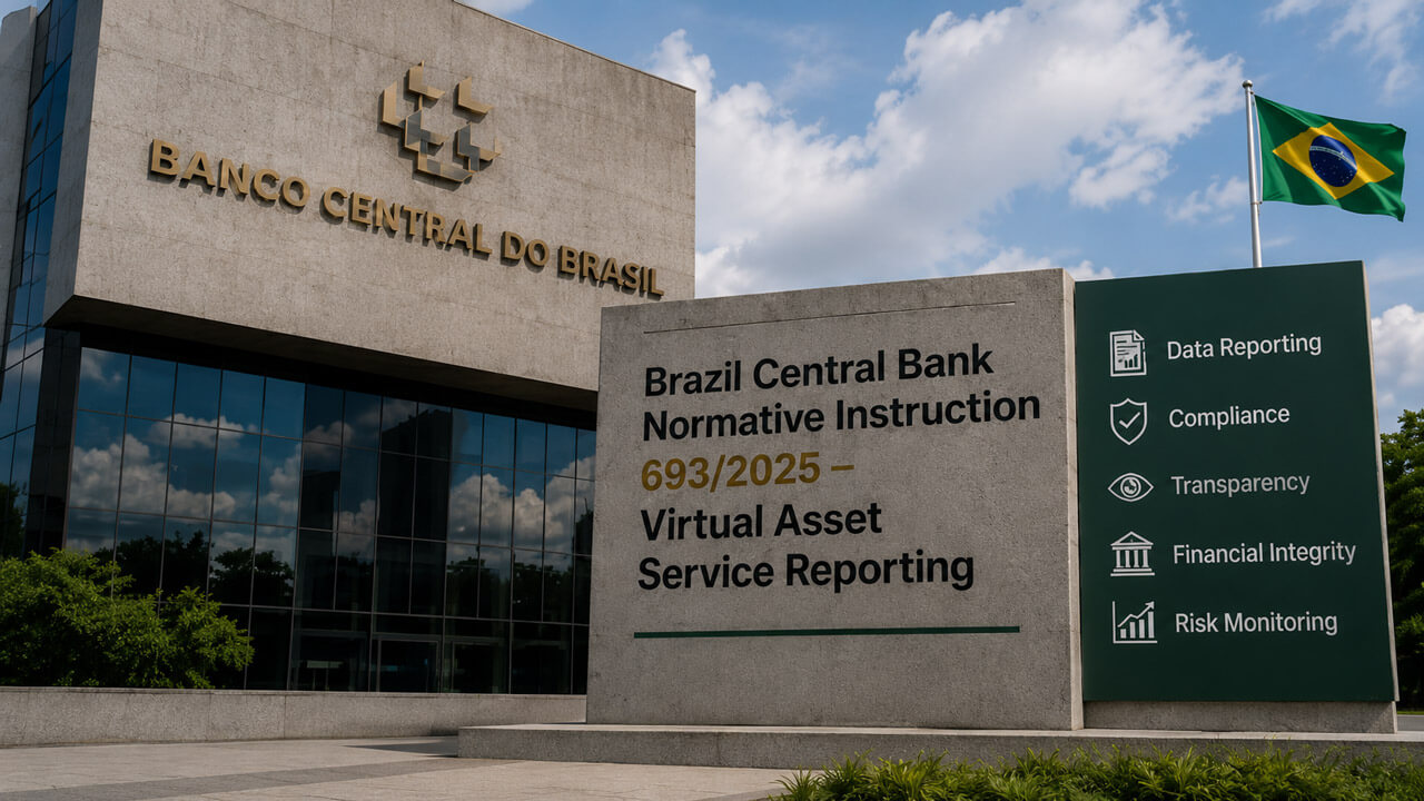 Banco Central do Brasil exterior with signage for Brazil Central Bank Normative Instruction 693/2025 and virtual asset service reporting compliance.