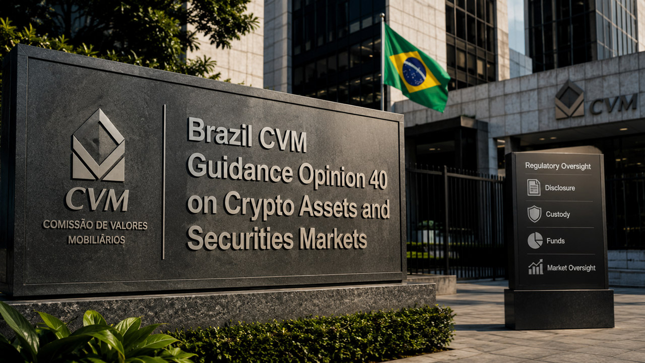 Brazil CVM building entrance with signage for Guidance Opinion 40 on Crypto Assets and Securities Markets, alongside regulatory oversight icons.
