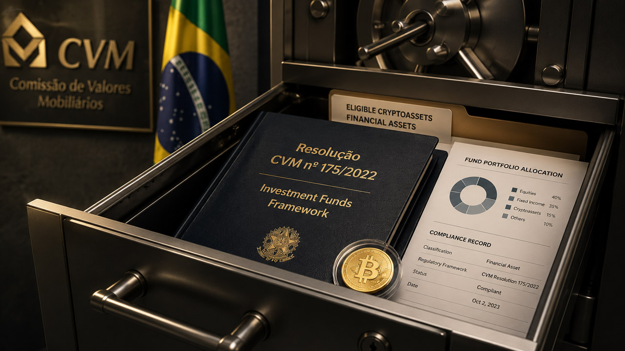 A secure vault drawer containing CVM Resolution 175/2022 investment fund documents, portfolio allocation records, and a Bitcoin token, symbolizing regulated treatment of eligible cryptoassets as financial assets for Brazilian investment funds.