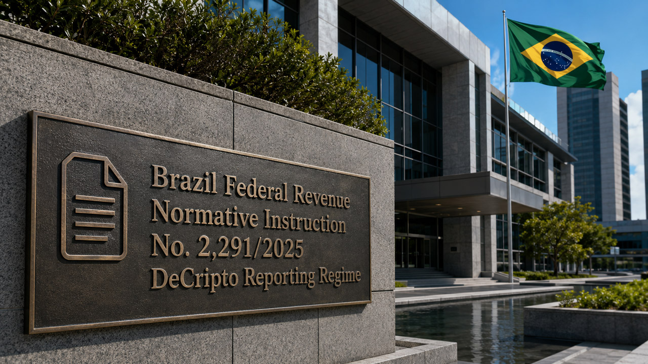 Brazil Federal Revenue Normative Instruction No. 2,291/2025 DeCripto Reporting Regime displayed on a bronze plaque outside a modern government building with the Brazilian flag.