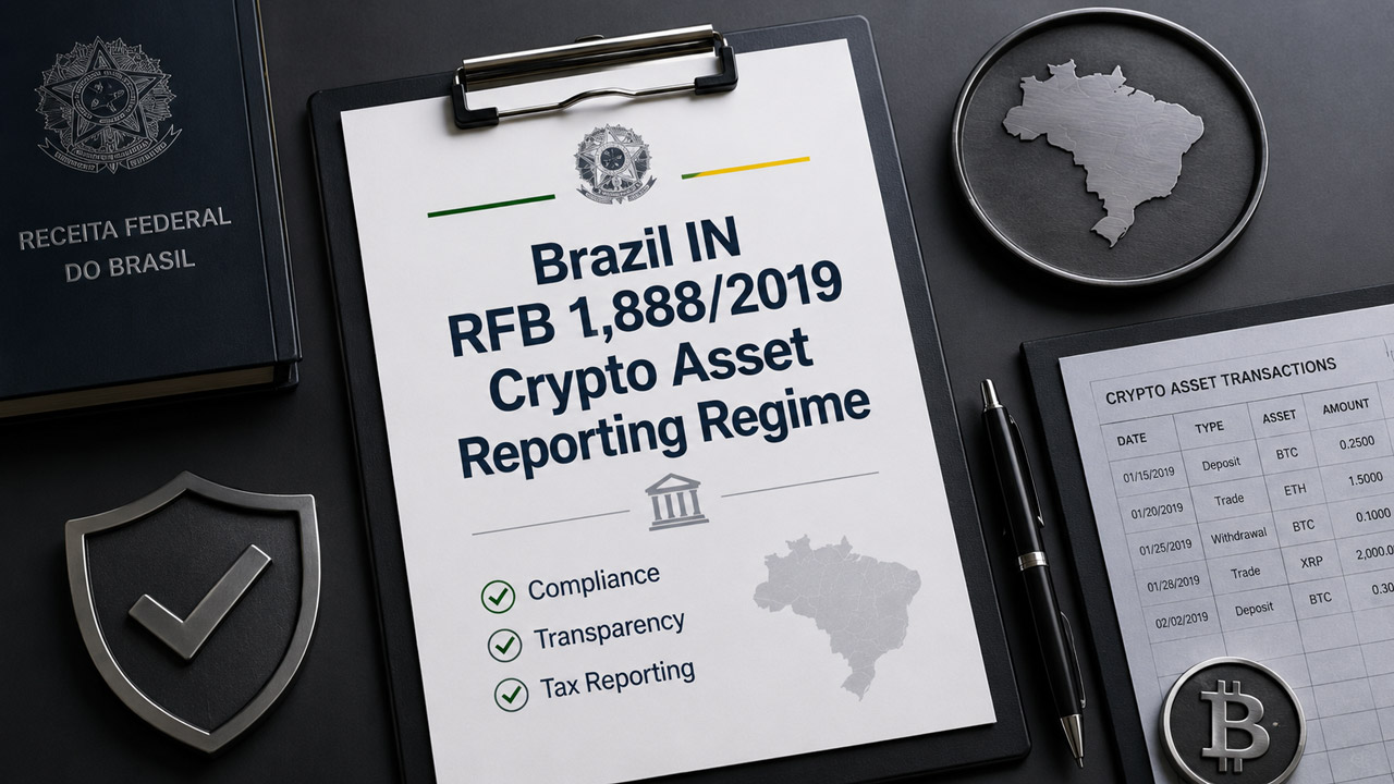Clipboard document titled Brazil IN RFB 1,888/2019 Crypto Asset Reporting Regime with compliance, transparency, and tax reporting markers, surrounded by regulatory desk objects and crypto transaction paperwork.