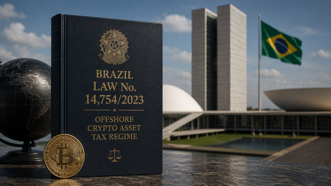 A legal book titled Brazil Law No. 14,754/2023 Offshore Crypto Asset Tax Regime displayed with a Bitcoin token, globe, Brazilian flag, and Brasília government buildings, representing Brazil’s offshore crypto asset tax rules.