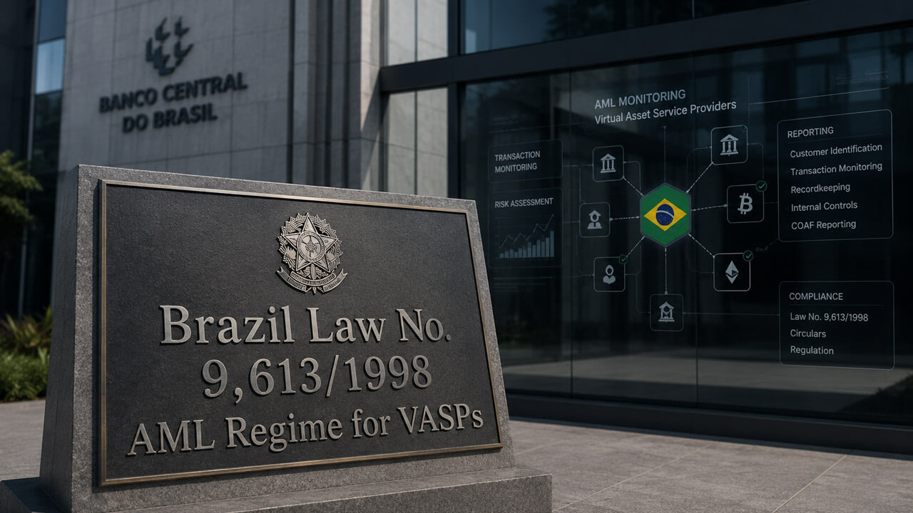 Brazil Law No. 9,613/1998 AML Regime for VASPs displayed on a stone plaque outside Banco Central do Brasil with AML monitoring and reporting interface graphics.