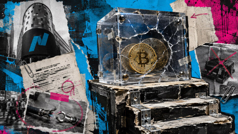Editorial collage showing gold Bitcoin coins sealed inside a cracked transparent display case, surrounded by Nasdaq architecture, damaged transaction documents, a broken cable, and electric cyan and magenta textures.