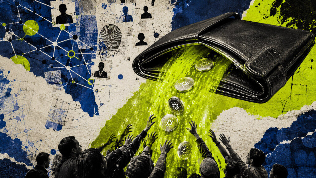 large black wallet releasing an acid-green stream of data and Cardano-style tokens toward a crowd, with fingerprints, identity silhouettes, and network diagrams in the background.