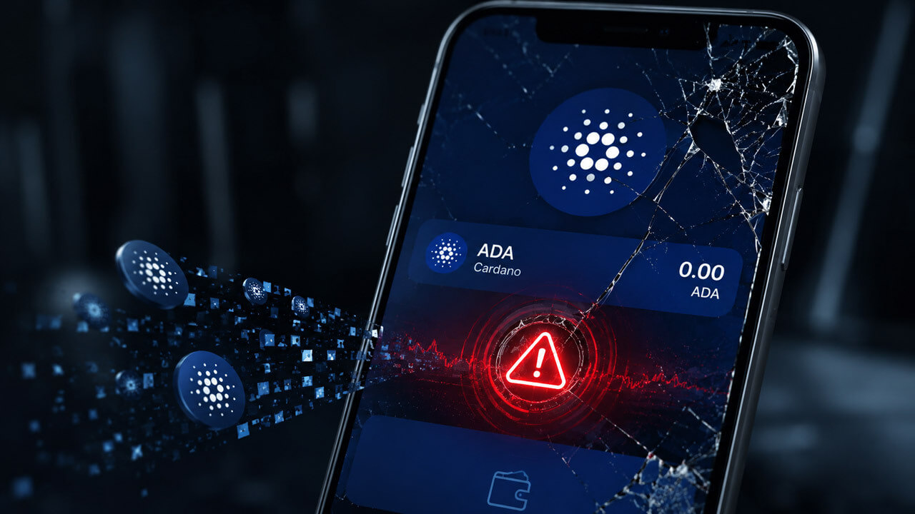 Cracked smartphone showing a Cardano ADA wallet with a red warning alert and ADA tokens draining away, representing the SecondFi wallet exploit.