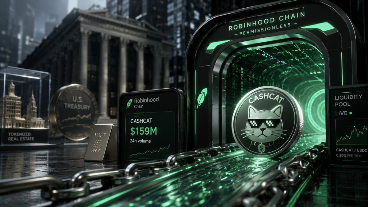 CASHCAT memecoin emerging from a green Robinhood Chain permissionless gateway beside liquidity pool panels and tokenized asset symbols, showing how open rails created a market outside formal listings.