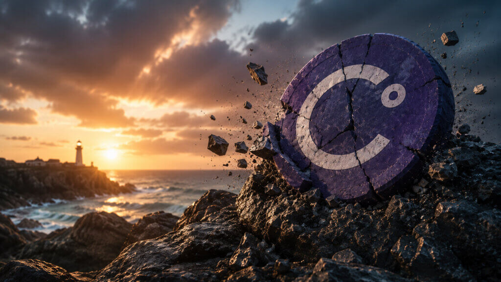 Cracked Celsius emblem breaking apart on a rocky coast at sunset, symbolizing the founders’ settlement and loss of crypto custody selling rights.