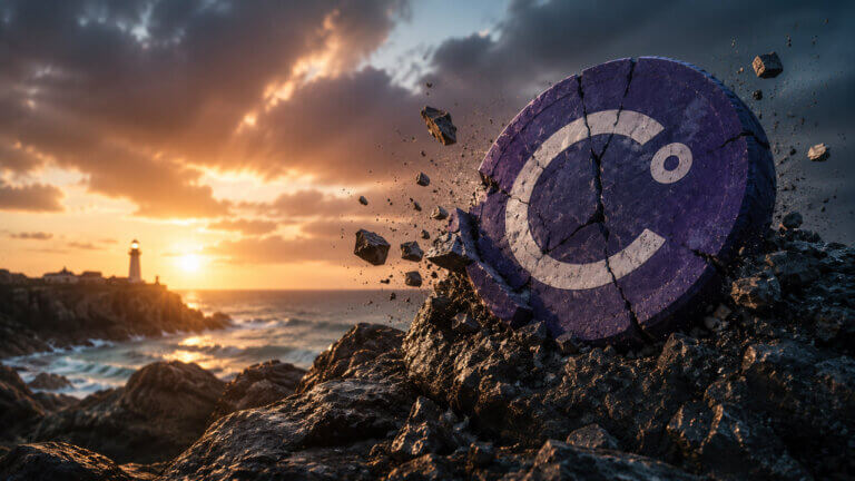 Cracked Celsius emblem breaking apart on a rocky coast at sunset, symbolizing the founders’ settlement and loss of crypto custody selling rights.
