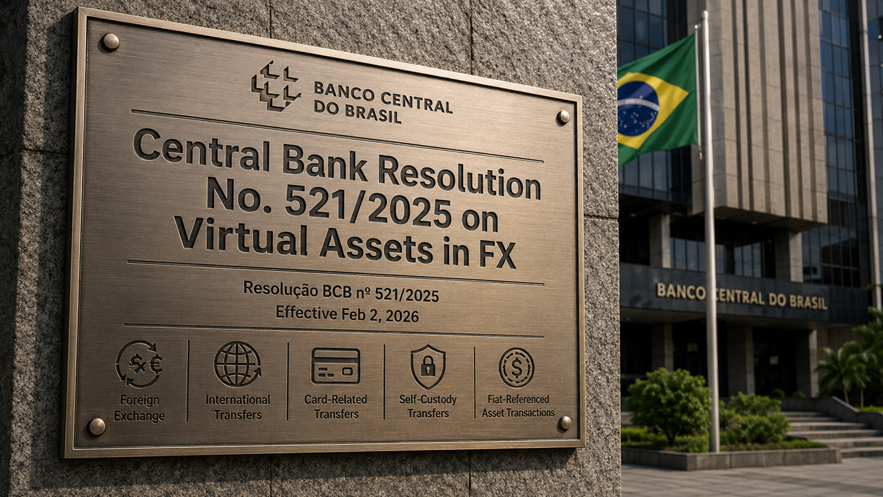 Brushed metal Banco Central do Brasil plaque showing Central Bank Resolution No. 521/2025 on Virtual Assets in FX, with effective date and icons for foreign exchange, international transfers, card transfers, self-custody, and fiat-referenced asset transactions.