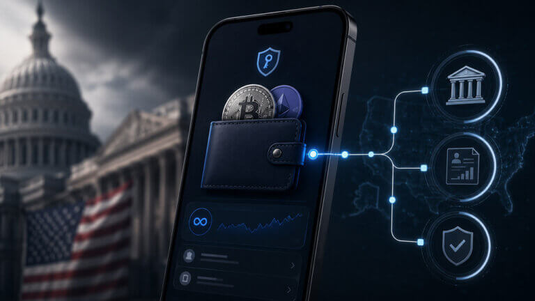 Metallic infinity loop with blockchain circuitry passing through a secure crypto wallet module, with US government architecture beneath a stormy sky.