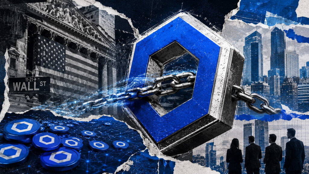 Electric editorial photomontage showing a large metallic Chainlink symbol receiving streams of blue blockchain data beside a Wall Street building and institutional finance silhouettes.