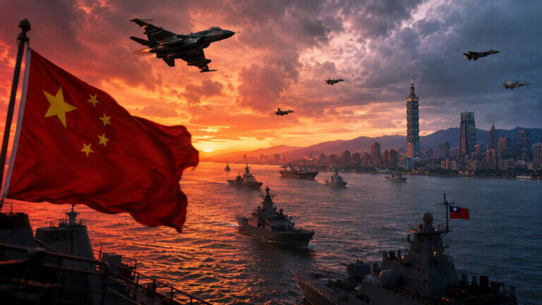 Chinese warships and fighter jets approaching Taiwan’s coastline at sunset as Taiwanese vessels defend the waters near Taipei.